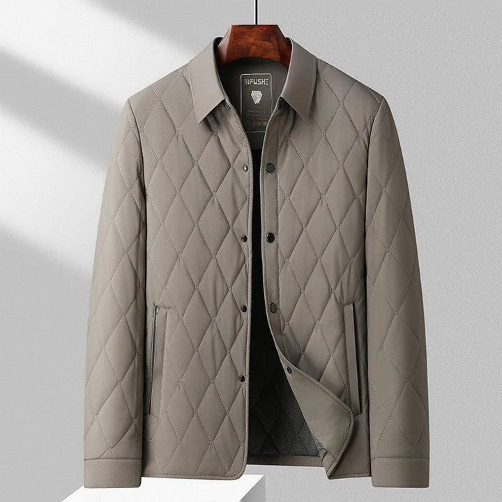 Rovelli light gray quilted men's jacket with diamond pattern on hanger