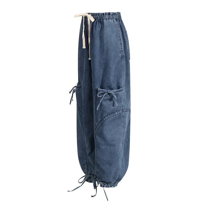 Rovelli blue denim cargo pants with elastic waist, side pockets, and adjustable ties