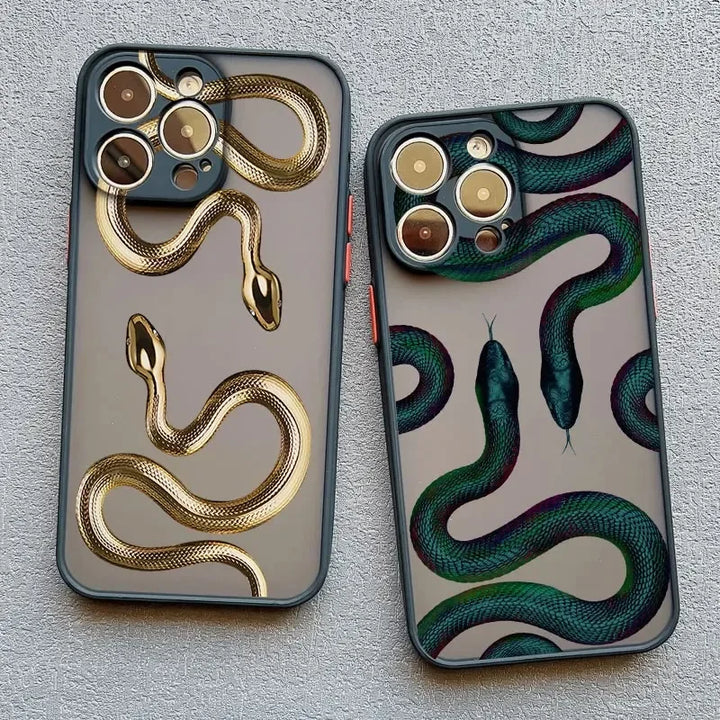 Rovelli snake design phone cases with gold and green snakes on textured background