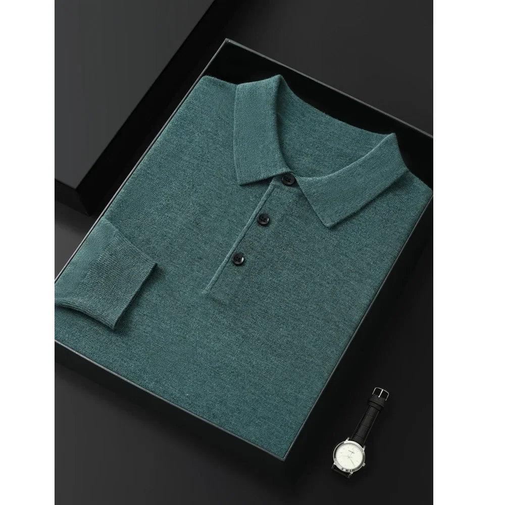 Folded green Rovelli polo shirt with black buttons and a watch on a black background
