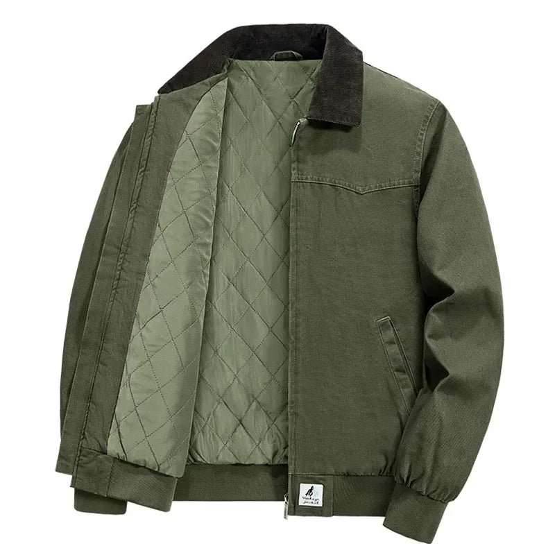 Rovelli olive green quilted bomber jacket with black corduroy collar, front open