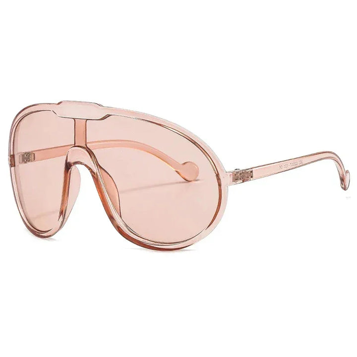 Large, rose-tinted oversized sunglasses featuring a single curved lens and transparent pink plastic frame and arms, offering UV400 protection—perfect for outdoor activities. Displayed on a white background.