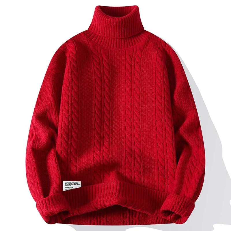 Rovelli red cable knit turtleneck sweater with ribbed cuffs and hem