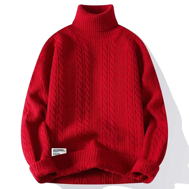 Rovelli red cable knit turtleneck sweater with ribbed cuffs and hem