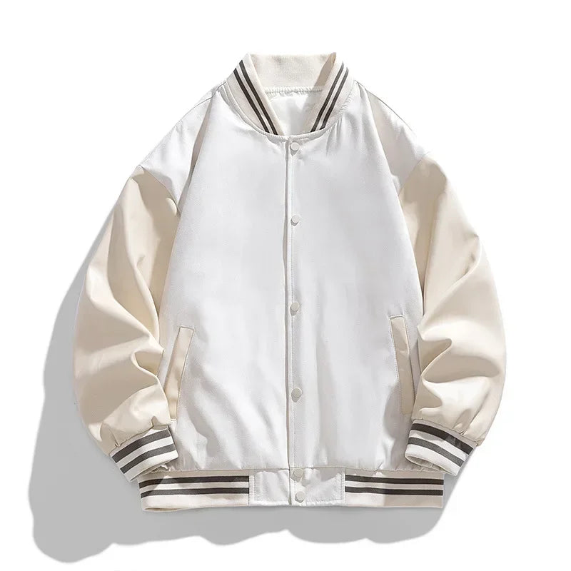 Rovelli cream white varsity jacket with striped collar and cuffs, front snap buttons