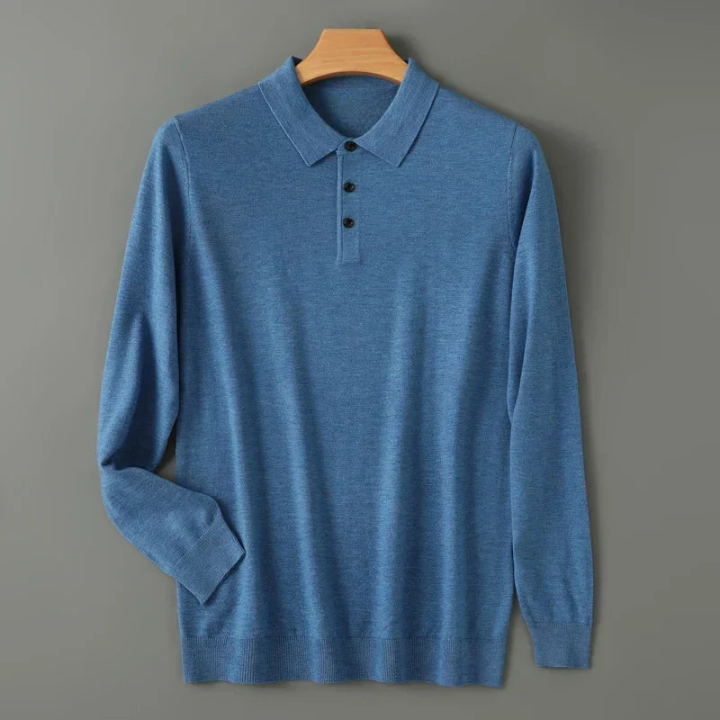 Rovelli blue long-sleeve knit polo shirt with buttons on wooden hanger