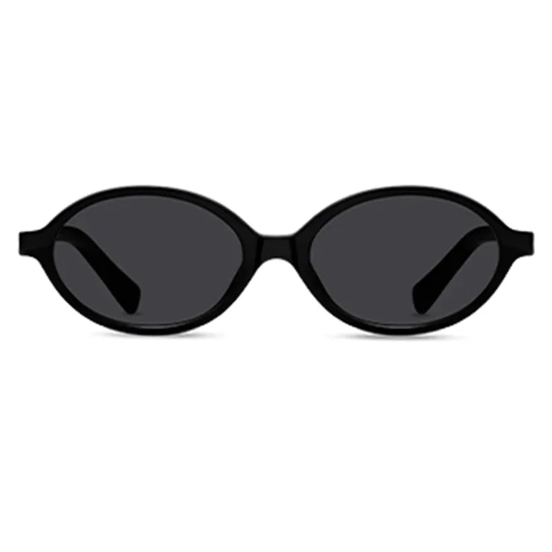 Black retro oval sunglasses with dark lenses and a simple, minimalist design feature a lightweight acetate frame and offer UV400 protection, viewed from the front against a white background.