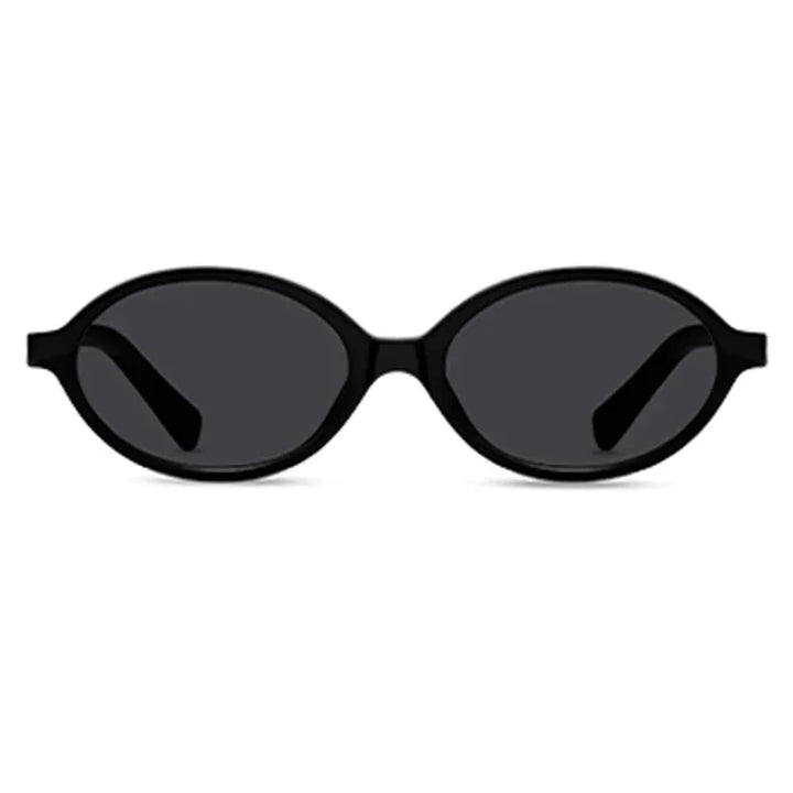 Black retro oval sunglasses with dark lenses and a simple, minimalist design feature a lightweight acetate frame and offer UV400 protection, viewed from the front against a white background.
