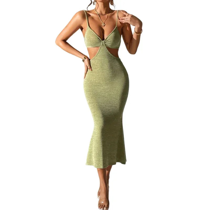Rovelli light green sleeveless bodycon midi dress with cut-out sides and spaghetti straps