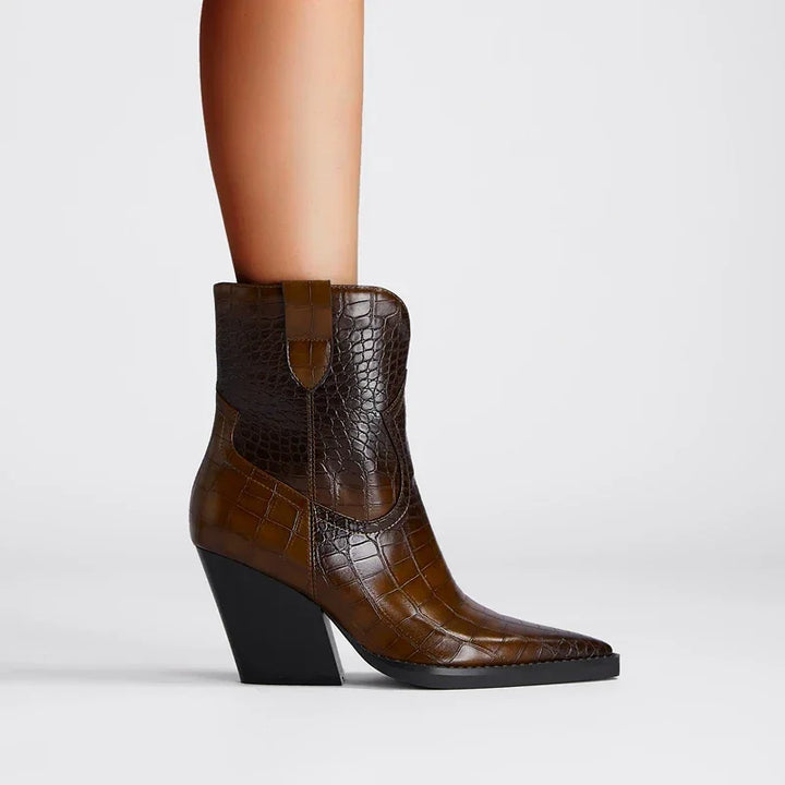 Rovelli brown crocodile embossed leather ankle boot with block heel and pointed toe