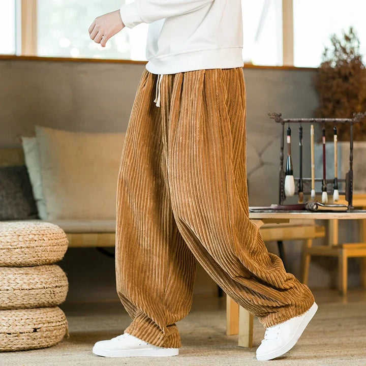 Rovelli brown corduroy wide-leg pants with drawstring waist, casual indoor setting