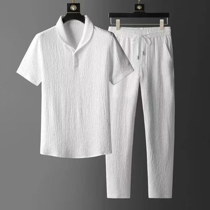 Rovelli white textured short sleeve lounge set with collar and drawstring pants on hangers
