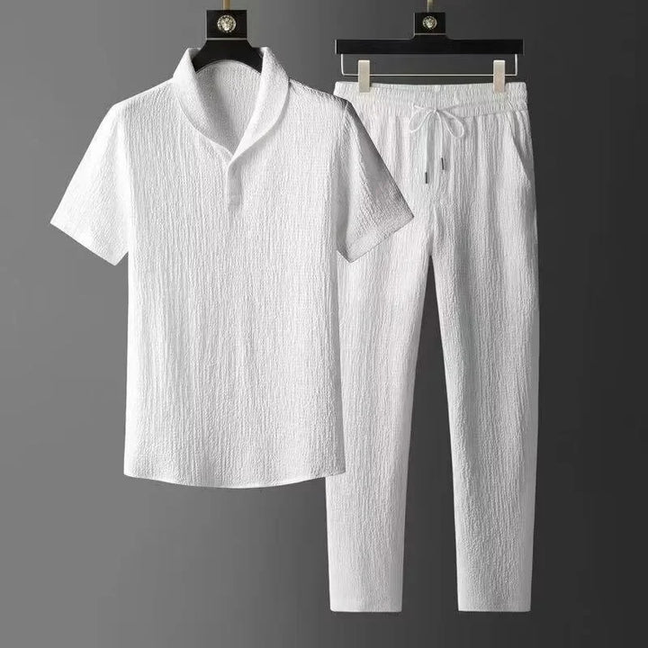 Rovelli white textured short sleeve lounge set with collar and drawstring pants on hangers