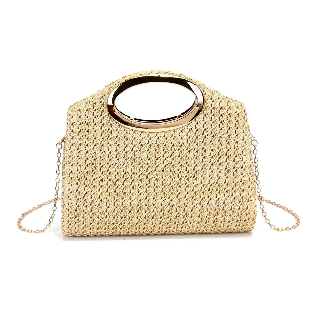 Rovelli woven straw clutch handbag with gold metal handle and chain strap
