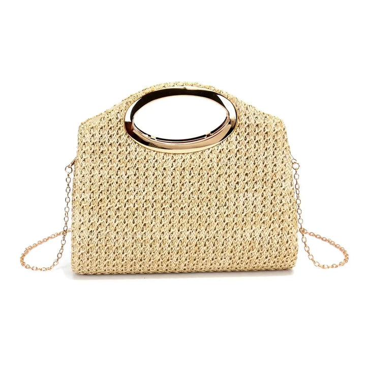 Rovelli woven straw clutch handbag with gold metal handle and chain strap