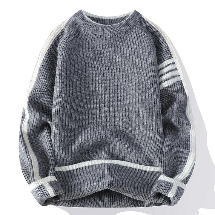 Rovelli grey knit sweater with white stripes on sleeves and hem, laid flat