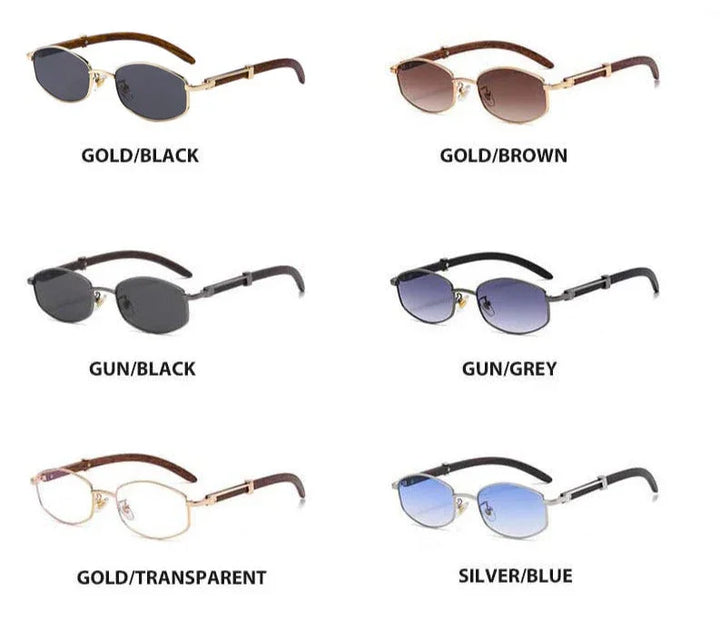 Six pairs of vintage-inspired sunglasses in different color combinations—gold/black, gold/brown, gun/black, gun/grey, gold/transparent, and silver/blue—each with gold-tone frames and UV400 protection, labeled beneath each pair.