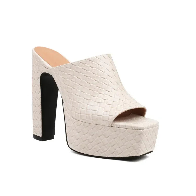 Rovelli woven cream platform mule with high block heel and open toe design