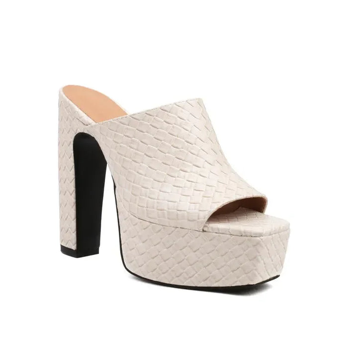 Rovelli woven cream platform mule with high block heel and open toe design