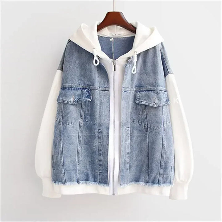 Rovelli blue denim jacket with white hoodie and zip front, casual fashion outerwear