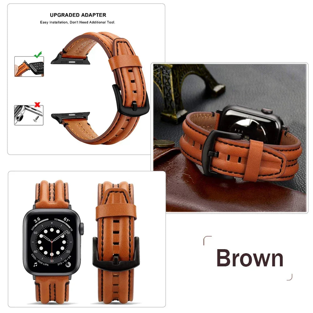 Brown leather Apple Watch band with black buckle shown from multiple angles, including close-ups and how it attaches to the watch. This stylish Apple Watch strap stands out, with an Eiffel Tower keychain visible in the background.
