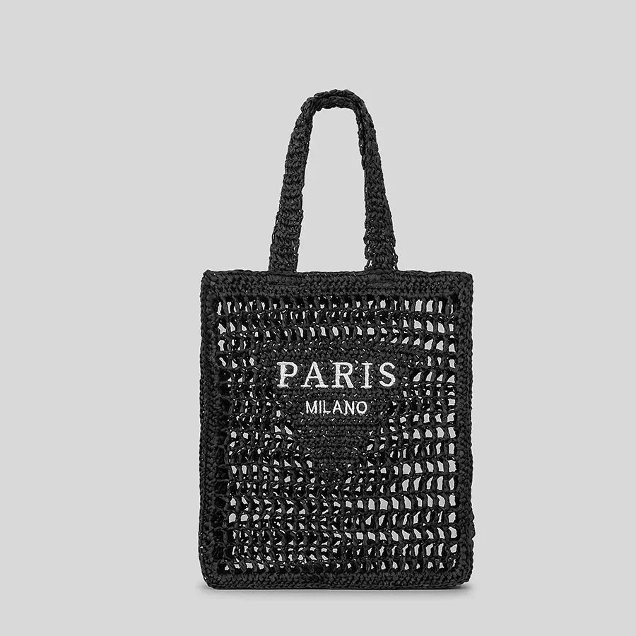 Rovelli black woven tote bag with PARIS MILANO text, minimalist background
