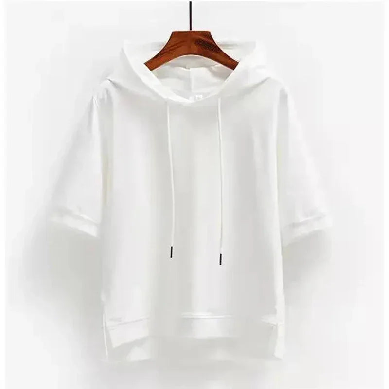 Rovelli white short sleeve hoodie with drawstrings on wooden hanger