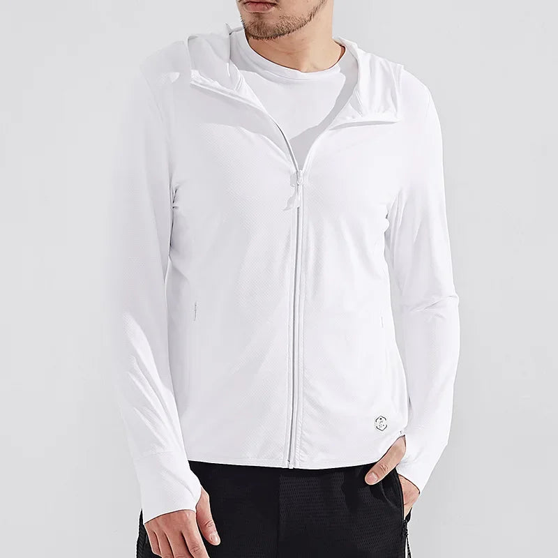 A man wearing a white zip-up hooded jacket made from quick-drying fabric over a white T-shirt and black pants stands against a plain light gray background. His face is partially visible, and his hands are relaxed at his sides.