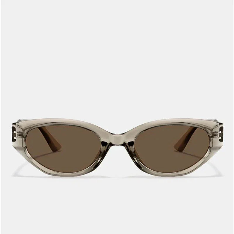 Front view of oval-shaped sunglasses featuring a translucent acetate frame and dark brown, scratch-resistant lenses with UV400 protection, set against a plain light background.