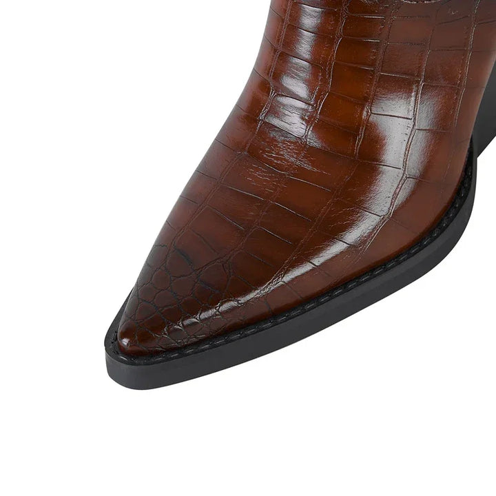 Rovelli brown crocodile-pattern leather boot with pointed toe and black sole