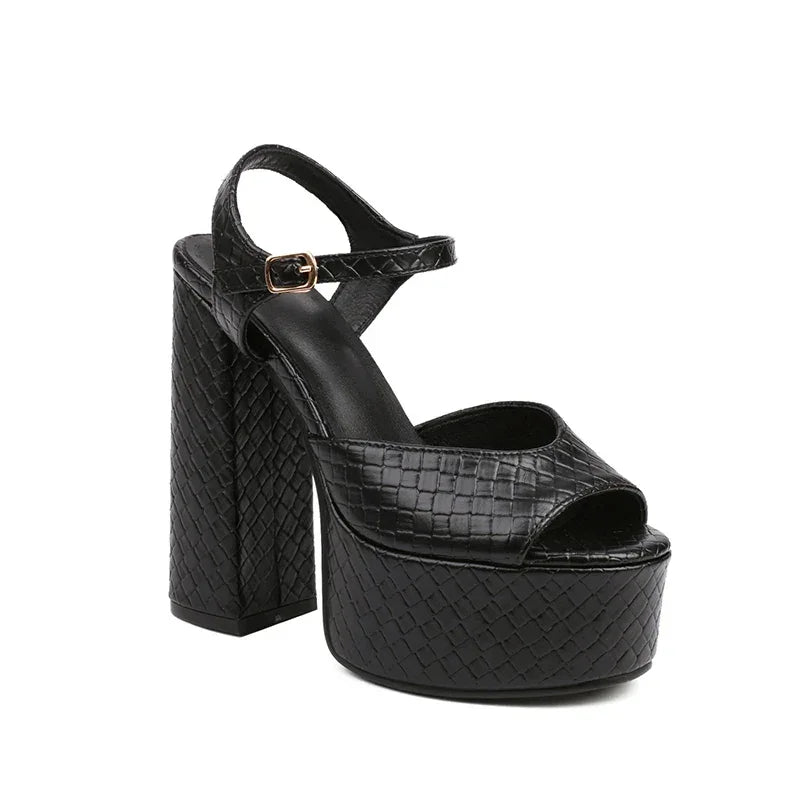 Rovelli black platform sandal with high chunky heel and textured faux leather finish