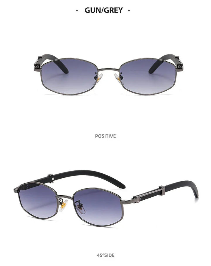 Two views of vintage-inspired sunglasses with gunmetal grey, thin metal frames and black arms: top view shows the front, while the bottom view is at a 45-degree angle. The oval lenses offer UV400 protection with a stylish grey gradient.