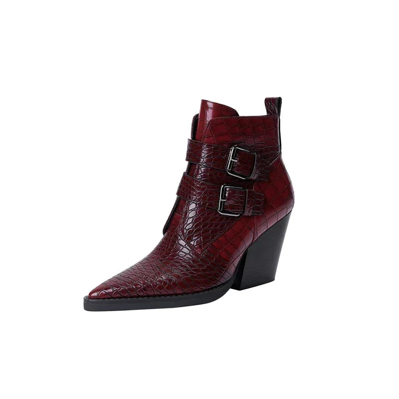 Rovelli burgundy crocodile pattern ankle boot with pointed toe and block heel