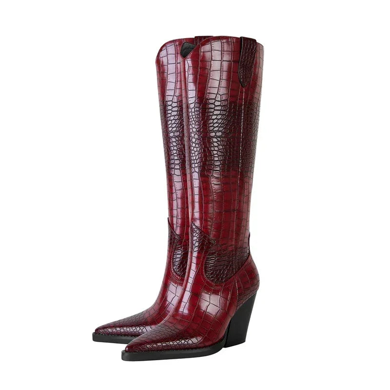 Rovelli burgundy knee-high crocodile embossed leather Western boots with block heels