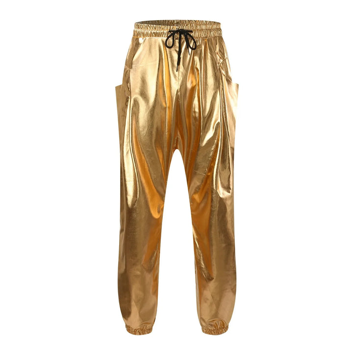 Shiny gold jogger pants made from lightweight metallic fabric, featuring an elastic waistband, black drawstring, side pockets, and elastic cuffs at the ankles.