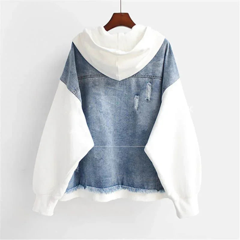 Rovelli denim jacket with white hood and sleeves, distressed back, casual fashion