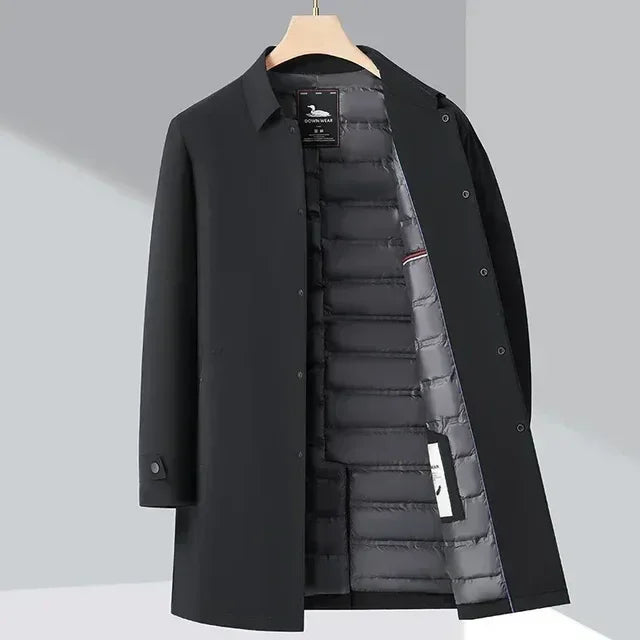 Rovelli black men's coat with quilted gray lining on wooden hanger
