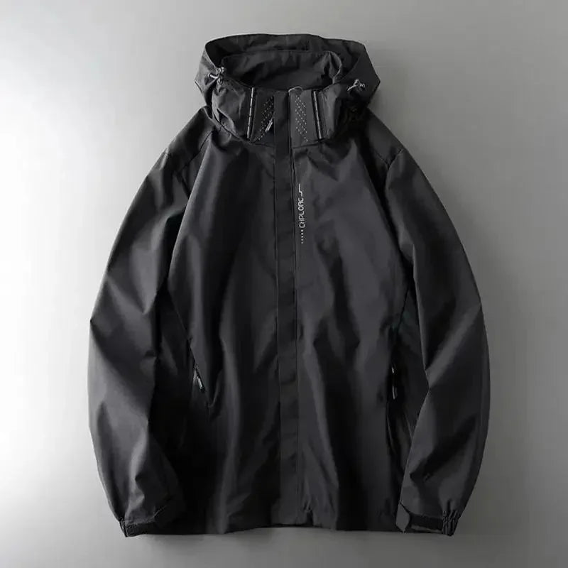 Rovelli black hooded waterproof jacket with zipper, laid flat on gray background