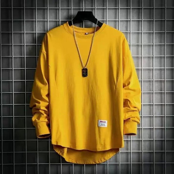Rovelli yellow long sleeve shirt with label, grid background, casual streetwear fashion