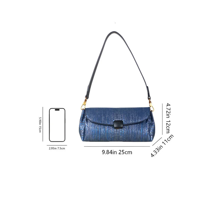 Rovelli blue textured handbag with strap, gold hardware, and size dimensions for reference