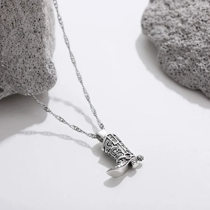 Rovelli silver cowboy boot pendant necklace on chain with decorative details