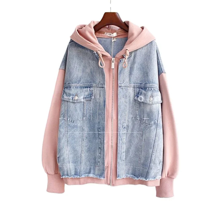 Rovelli light blue denim and pink hoodie jacket with front pockets on hanger