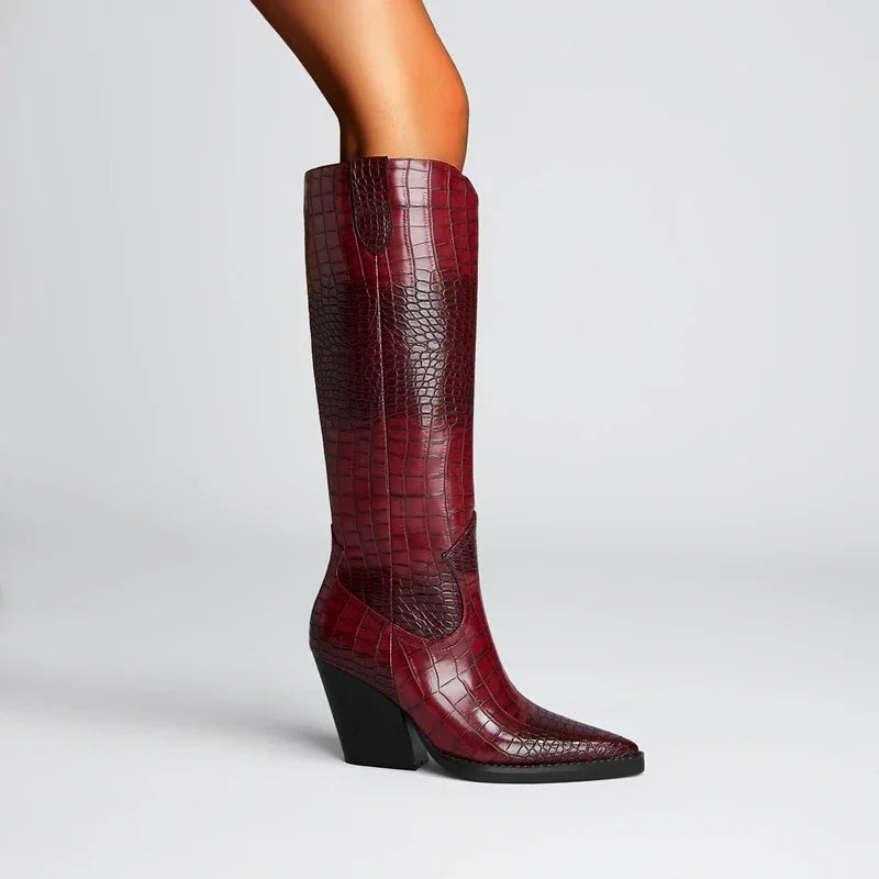 Rovelli knee-high burgundy crocodile-embossed leather cowboy boot with block heel