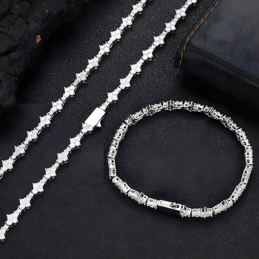 Rovelli diamond tennis bracelet and necklace set on black leather background
