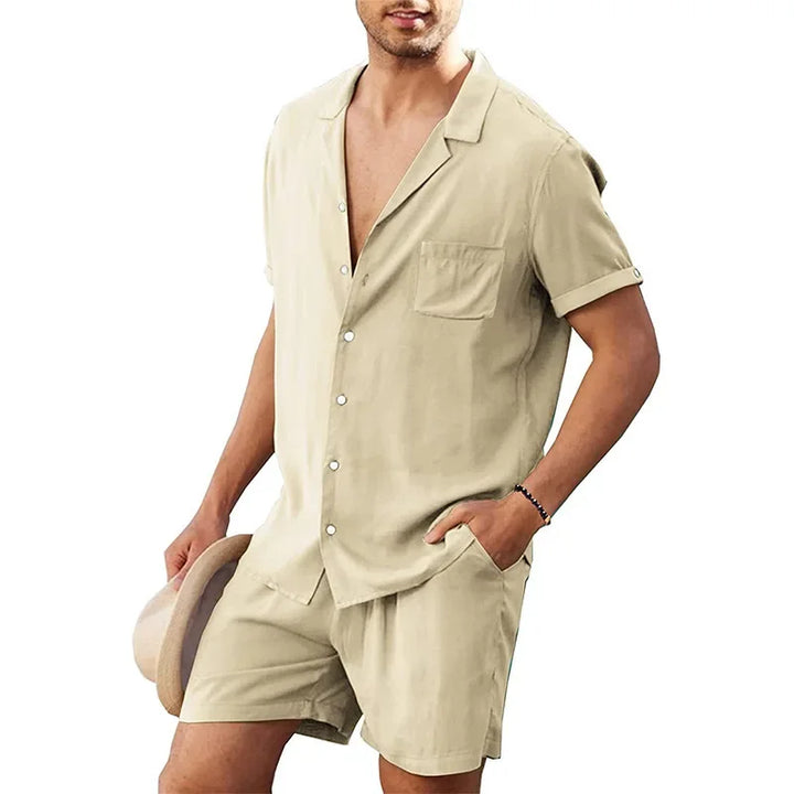 Rovelli beige short sleeve button-up shirt and shorts summer men's set