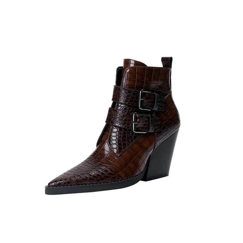 Rovelli brown crocodile pattern ankle boot with pointed toe, wedge heel, and double buckle straps