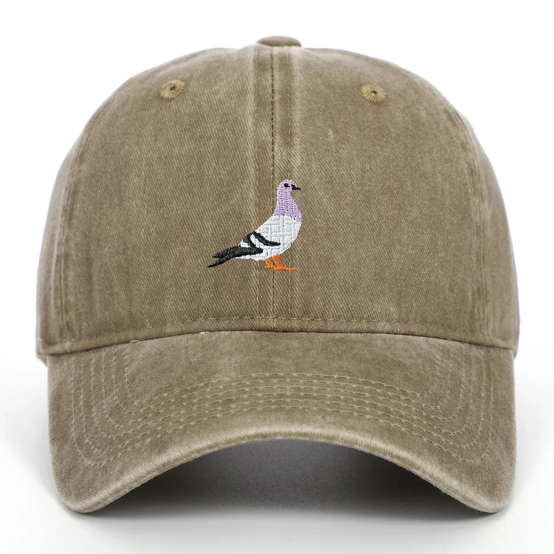Rovelli khaki baseball cap with embroidered pigeon design on front