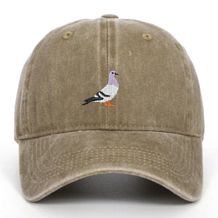 Rovelli khaki baseball cap with embroidered pigeon design on front