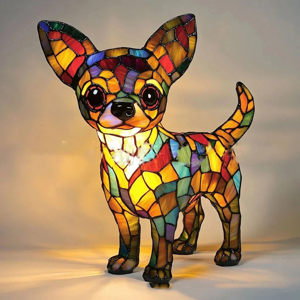 Colorful stained glass Chihuahua lamp on plain background, Rovelli home decor
