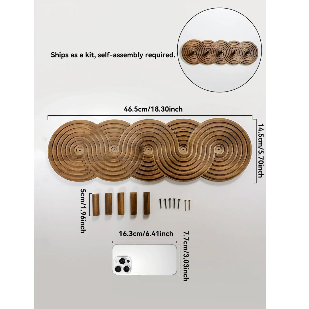 Rovelli wooden spiral wall decor kit with assembly parts and measurements displayed.